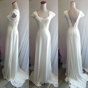 New SHOW ME YOUR MUMU Off White CHANTEL Lace Bodice WEDDING GOWN w/Train